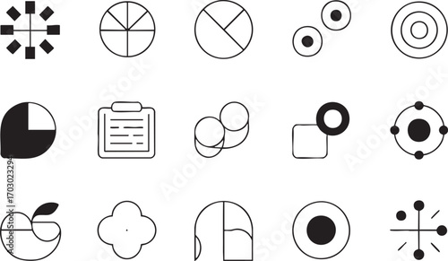 Collection of Abstract Geometric Shapes and Icons in Black and White Keywords: abstract, geometric, shapes, icons, symbols, minimalist, design