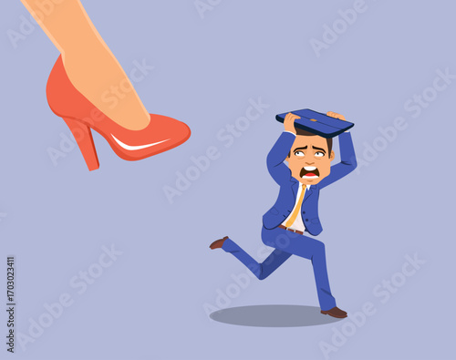 Cartoon illustration of a male businessman running away from a giant woman's shoe, symbolizing a strict female boss, workplace stress and job pressure