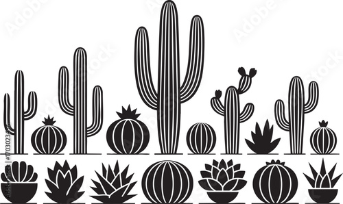 Collection Of Stylized Cacti And Succulents In Black And White Silhouette cactus plant