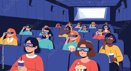 People wearing 3d glasses enjoying a movie screening in a dark auditorium with popcorn and drinks
