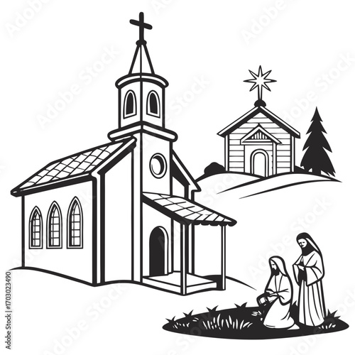 Nativity scene with church illustration
