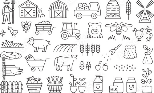 Farm and Agriculture Icons Collection with Tractor, Animals, and Crops on White Background Keywords: farm, farmer, agriculture, tractor, barn