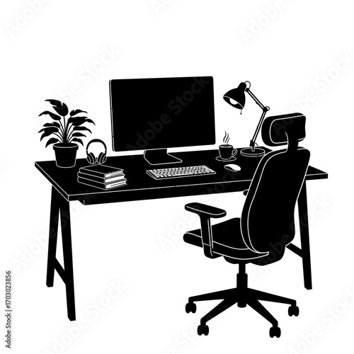 Modern home office setup with computer, headphones, coffee, and plant for productive work