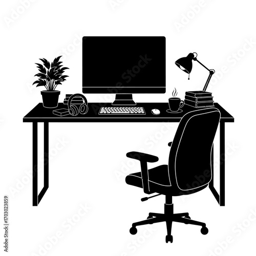 Modern home office setup with computer, lamp, chair, and coffee, perfect for remote work