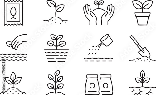 Gardening Icons Showing Planting Seeds Watering and Growing Plants In Pots Keywords: gardening, planting, seeds, growing, plants, icons, illustration