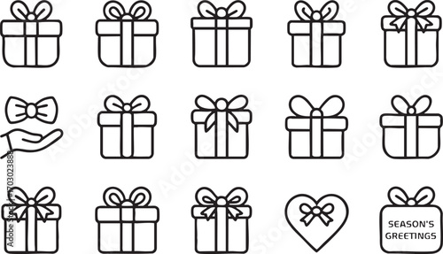 Gift Box and Holiday Greeting Icons Set of Line Art Symbols present ribbon