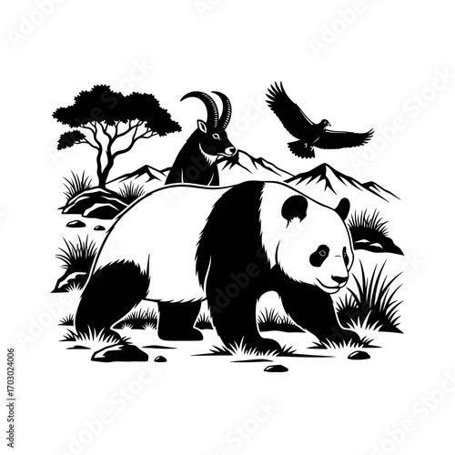 Majestic panda roams wild landscape with ibex and soaring eagle against mountain backdrop