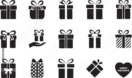 Gift Box Icons Set of Black Silhouettes for Holidays and Celebrations present ribbon
