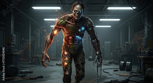 Terrifying cyborg zombie emerges from dark industrial workshop, glowing eyes and mechanical parts