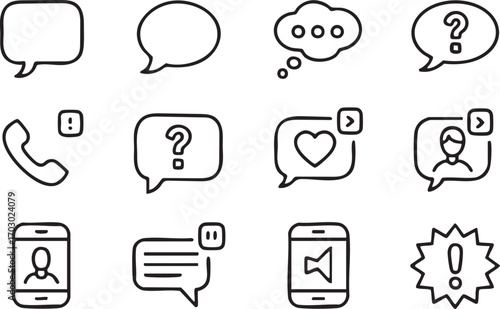 Hand Drawn Speech Bubbles Icons and Communication Symbols Set Keywords: speech bubble, chat, message, communication, icon, set, hand drawn, outline