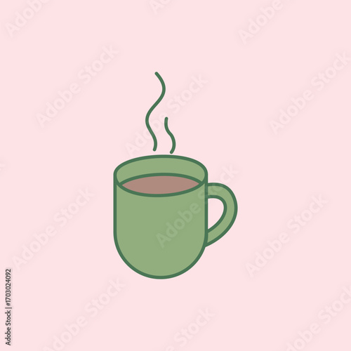 Illustration of a green cup filled with a hot drink with steam rising from it. The simple flat design style and soft pink background create a warm and relaxed feel.