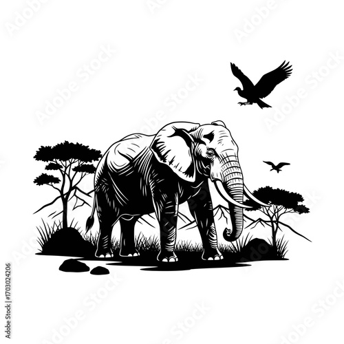Majestic elephant roams wild African savanna with eagles soaring above