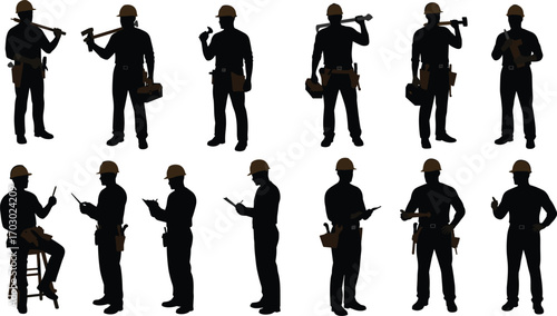 Silhouettes of construction workers wearing helmets, holding tools, using mobile devices, showing teamwork, safety, labor, professionalism, and building industry concepts.