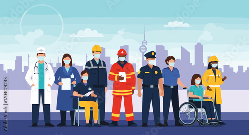 Diverse group of essential workers in uniforms wearing face masks standing in front of city skyline