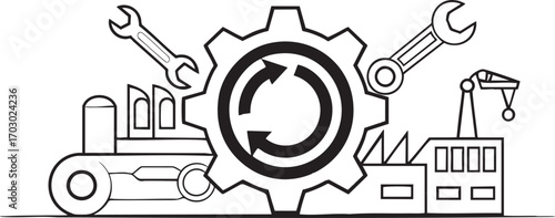 Industrial Factory Gear and Machinery Doodle with Wrenches on White Background Keywords: industry, industrial, factory, gear, cogwheel, machinery