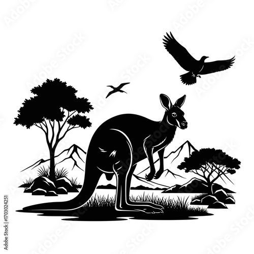 Majestic kangaroo stands proudly in a silhouette landscape with soaring eagle and distant mountains