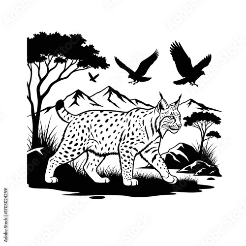 Majestic lynx prowls through wild terrain with birds soaring overhead, a powerful wildlife scene.