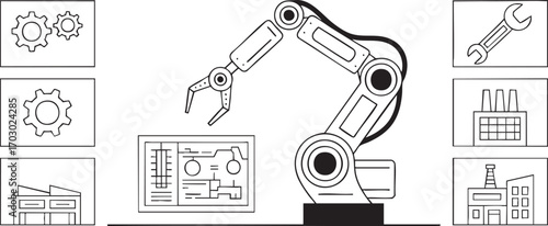 Industrial Robotic Arm with Gears, Wrench, and Factory Illustrations robot arm cogwheels