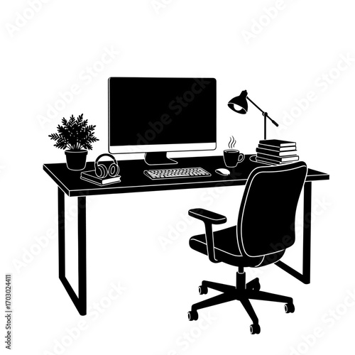 Modern workspace setup with computer, headphones, coffee, and chair for productive work.