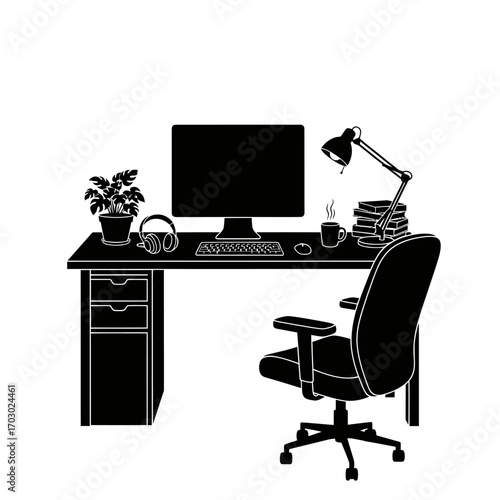 Modern home office setup with computer, headphones, lamp, and comfy chair for productive work sessions.