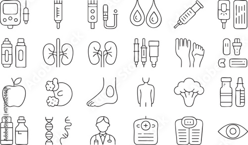 Medical and health icon set with blood glucose meter, kidneys, and DNA vector illustration