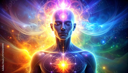 Spiritual human figure in vibrant cosmos