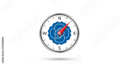 Compass with rose logo, navigation tool for direction and orientation, travel and exploration