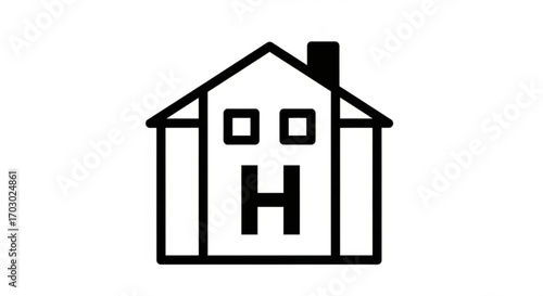 Simple black and white vector illustration of a house with the letter h on the front, representing home or hospital