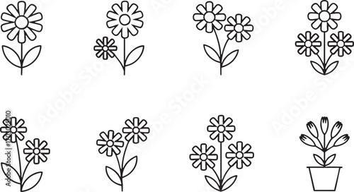 Set of Simple Outline Flower Icons with Stems and Leaves on White Background Keywords: flower, icon, outline, simple, daisy, blossom, bloom, plant
