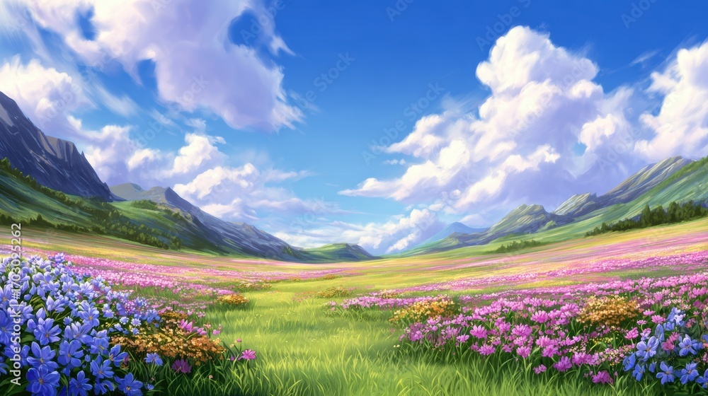 Fototapeta premium Expansive colorful meadow filled with vibrant flowers under a bright blue sky with fluffy clouds