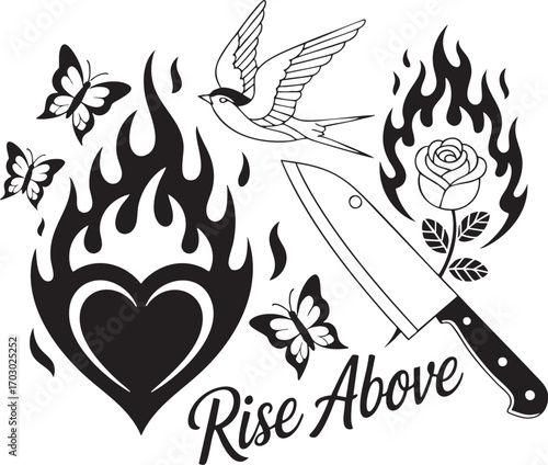 Tattoo Style Heart Flames Rose Bird Knife Butterflies Rise Above Text Keywords: heart, flames, fire, rose, bird, swallow, knife, butterfly