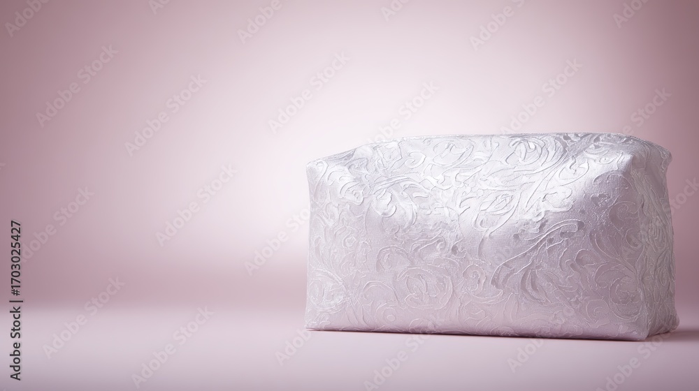 Fototapeta premium Elegant cosmetic bag on soft pink background, highlighting texture and design.