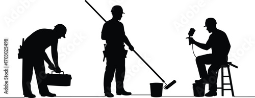 Silhouettes of Construction Workers with Painting Tools, Toolbox, and Spray Gun Performing Manual Labor in Industrial Worksite Vector Illustration