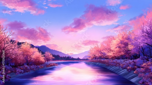 Serene sunset over a tranquil river, surrounded by vibrant autumn trees and distant mountains