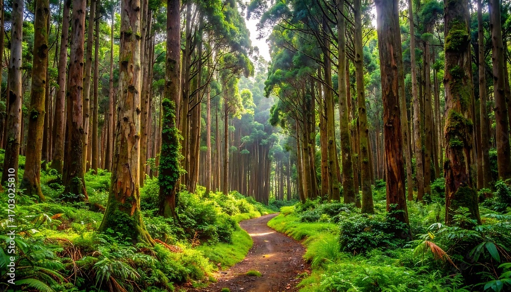 Obraz premium Lush forest path bathed in sunlight