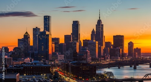 New York City Skyline at Sunset with Empire State Building.