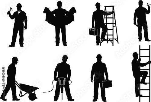 Silhouettes of construction workers with tools, ladder, wheelbarrow, blueprint, safety helmets, teamwork, industrial labor, maintenance, repair, and building concept.
