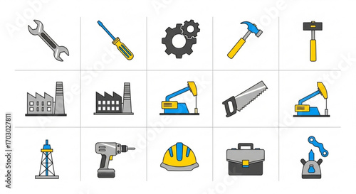 Industrial tools and equipment icons, perfect for engineering, construction, and manufacturing themed designs