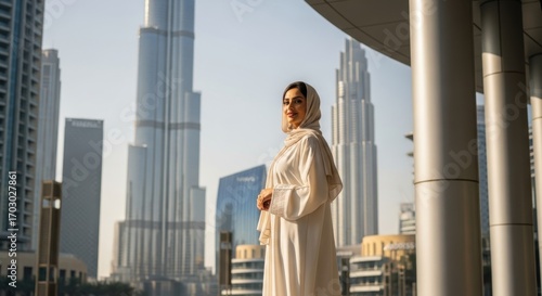 Woman in Abaya Posing in Dubai with Skyscrapers