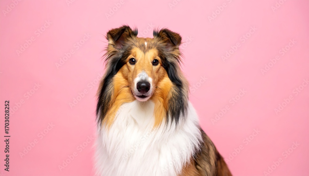 Fototapeta premium Portrait of a Collie against a pink background