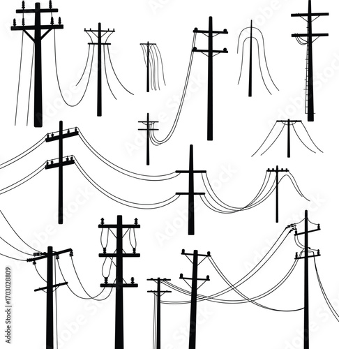 Silhouette electric utility poles, power lines set, black vector elements, voltage cables, transmission poles, energy distribution infrastructure design