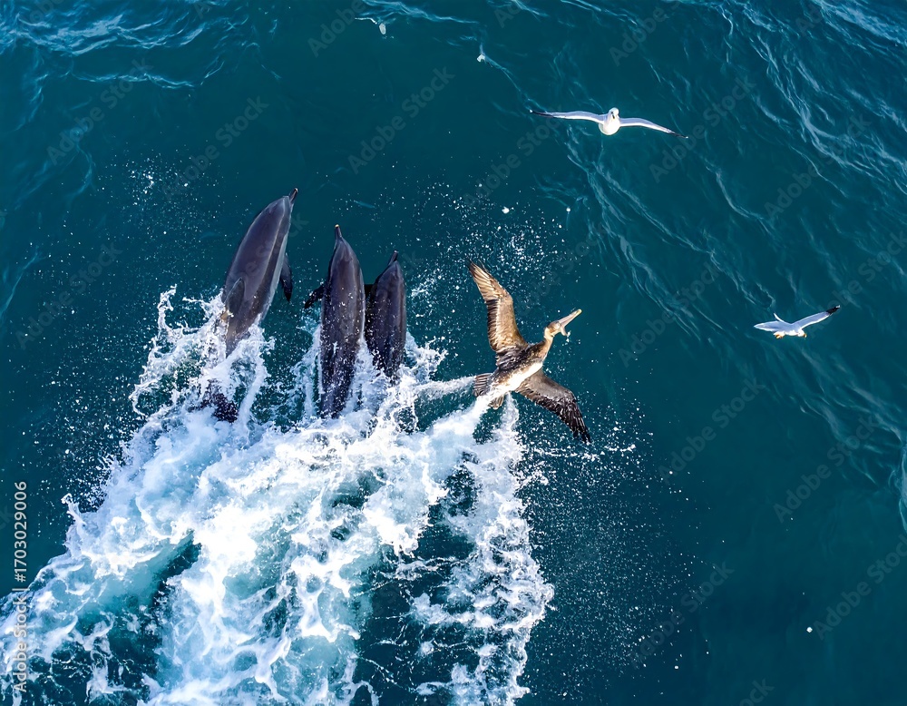 Obraz premium Dolphins and birds in the ocean