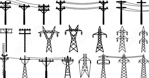 Silhouette electric power poles, transmission towers, utility lines, energy infrastructure, black vector icons, electricity grid design, high voltage wires set