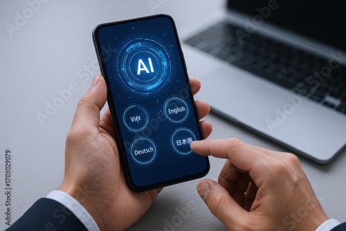 Wallpaper Mural Man Using AI-Powered Translation App on Smartphone for Multilingual Communication and Global Connectivity with Laptop Torontodigital.ca