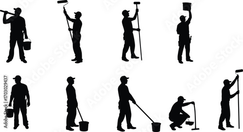 Silhouettes of professional painter workers holding buckets and rollers, performing various painting and decorating tasks with tools and equipment