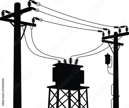 Silhouette of electrical power lines, utility poles, transformer station, high voltage wires, electricity transmission, energy distribution, industrial infrastructure design