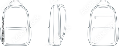 Backpack flat sketch, front side back view, cad drawing vector, school bag template, travel backpack design, technical outline, fashion accessory illustration