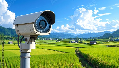 Surveillance camera overseeing a verdant rural landscape under a blue sky