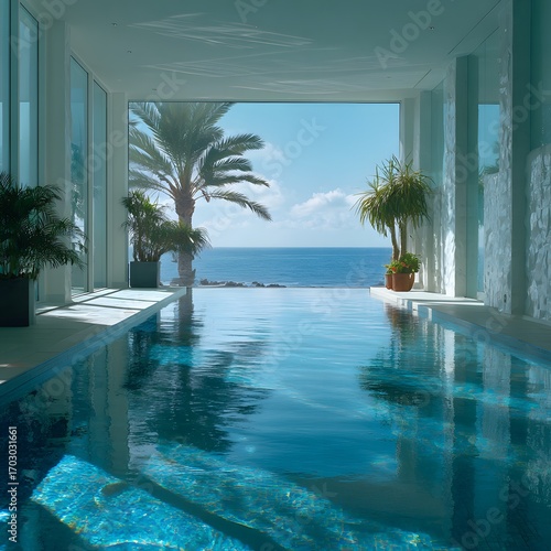 Tranquil Azure Swimming Pool Overlooking Ocean with Palm Tree View