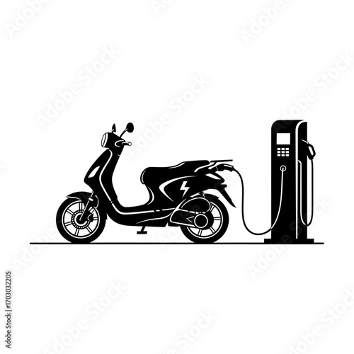 Sleek electric scooter charging at a modern station representing sustainable urban mobility and future transport